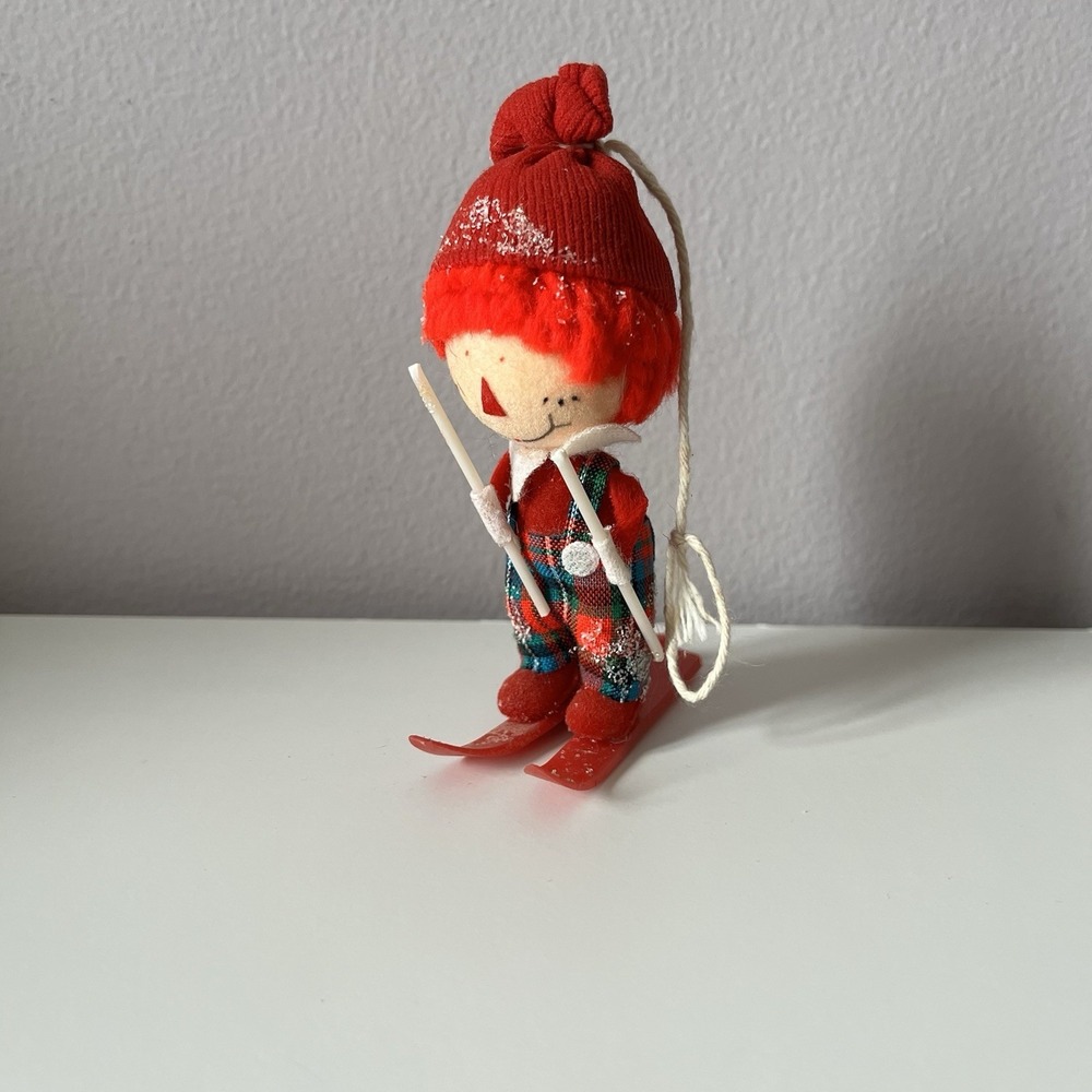 Vintage Christmas Elf Pixie Scarecrow W/ Hat On Skis Ornament Shelf Cottagecore
